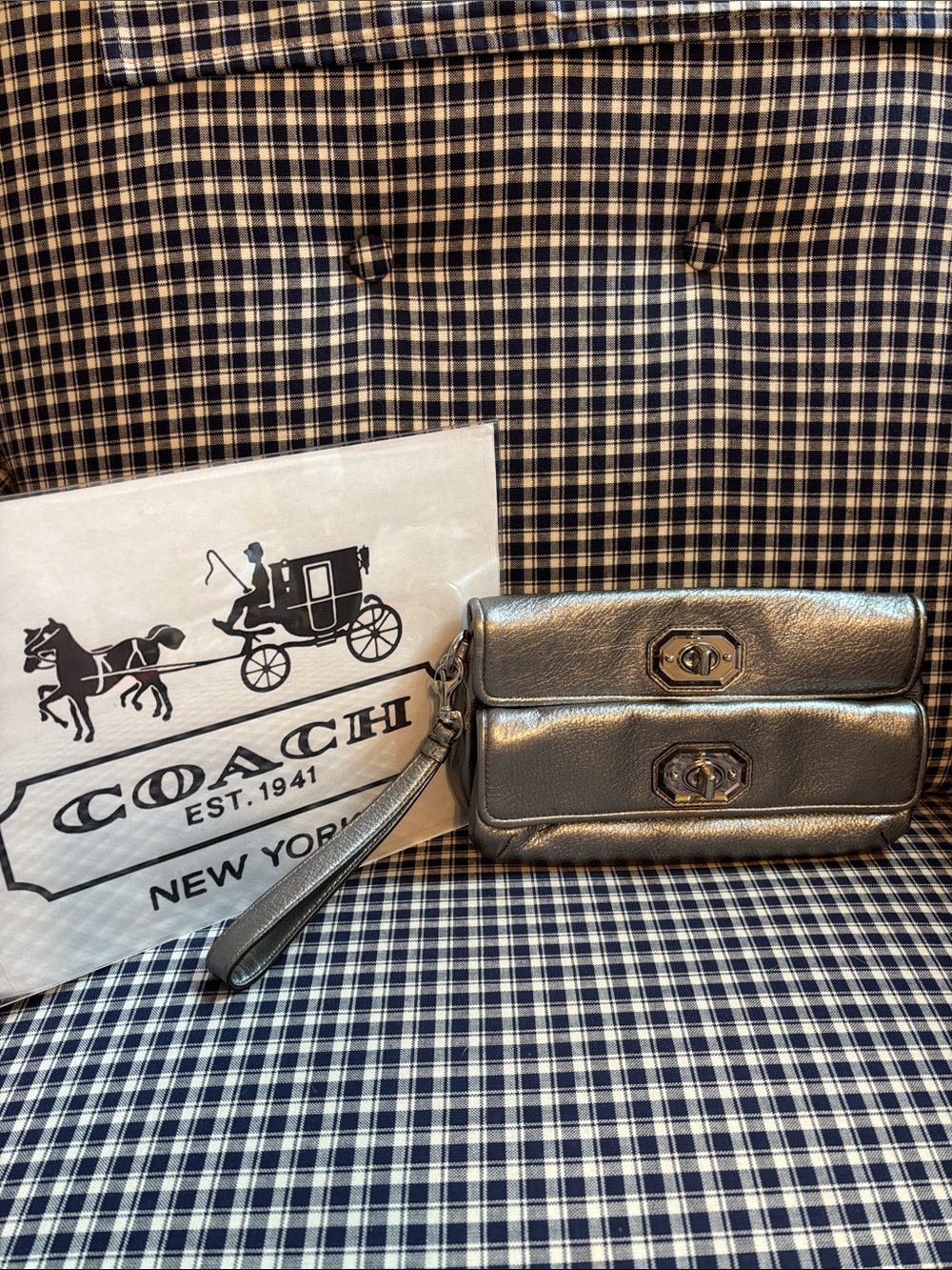 Coach Metallic Silver Double Turnlock Wristlet Clutch